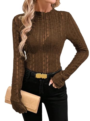 GORGLITTER Damen T-Shirt Herbst Langarm T Shirt Figurbetontes Langarmshirt Stehkragen Oberteile mit Spitze Duchsichtiges Spitzemshirts Herbstshirt Kaffeebraun L von GORGLITTER