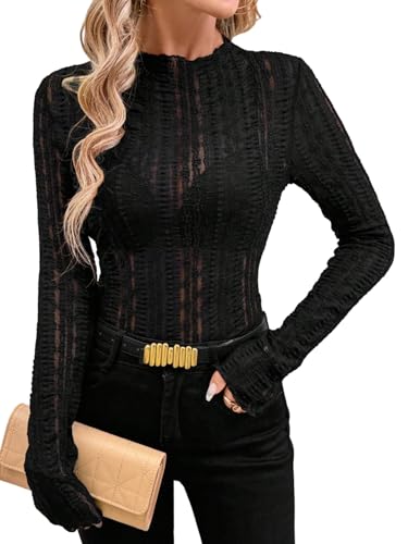 GORGLITTER Damen T-Shirt Herbst Langarm T Shirt Figurbetontes Langarmshirt Stehkragen Oberteile mit Spitze Duchsichtiges Spitzemshirts Herbstshirt Schwarz L von GORGLITTER