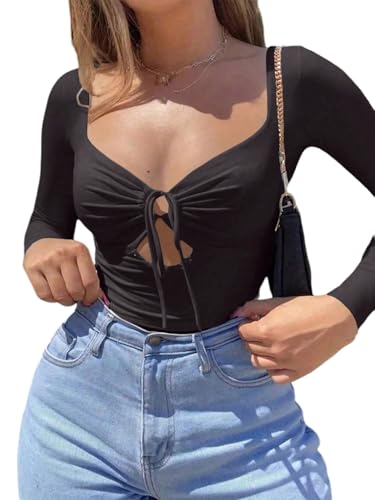 GORGLITTER Damen T-Shirt Herbstshirt Langarm Oberteile mit Cut Outs Schmal Langarmshirts mit Knoten Figurbetontes Shirt Elegant Tops Schwarz S von GORGLITTER