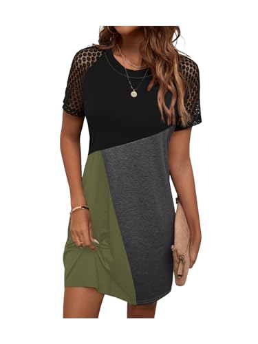 GORGLITTER Damen T-Shirt Kleid Farbblock Casual Freizeitkleid Spitzen Raglanärmeln Tunika Sommerkleid Armeegrün S von GORGLITTER