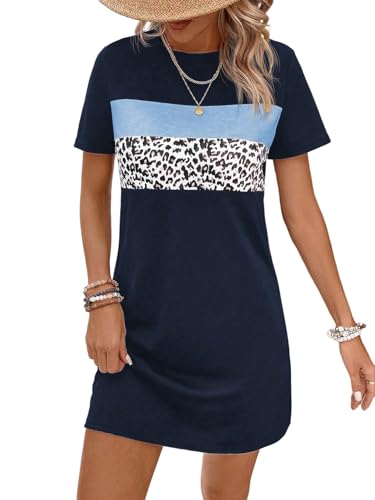 GORGLITTER Damen T-Shirt-Kleid Kurz Kleid Sommerkleid Rundkragen Freizeitkleid mit Leopardenmuster Casualkleid Sommer Outfits Shortkleid Dunkelblau S von GORGLITTER