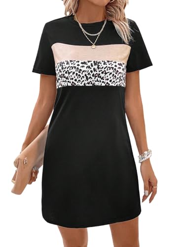 GORGLITTER Damen T-Shirt-Kleid Kurz Kleid Sommerkleid Rundkragen Freizeitkleid mit Leopardenmuster Casualkleid Sommer Outfits Shortkleid Schwarz M von GORGLITTER