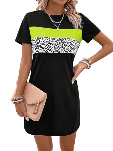 GORGLITTER Damen T-Shirt-Kleid Kurz Kleid Sommerkleid Rundkragen Freizeitkleid mit Leopardenmuster Casualkleid Sommer Outfits Shortkleid Schwarz und Grün S von GORGLITTER