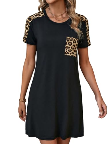 GORGLITTER Damen T-Shirt Kleid Leoparden Sommerkleider Rundkragen Kurzes Shirtkleid Kurzarm Casualkleid Raglanärmel Freizeitkleider Schwarz XL von GORGLITTER