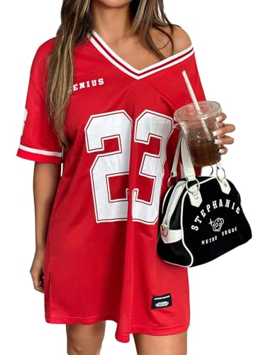 GORGLITTER Damen T-Shirt Kleid Sommerkleid mit Zahlenmuster Minikleider V Ausschnitt Sommer Kurzkleid Langes Shirts Freizeitkleid T-Shirtkleid Rot S von GORGLITTER