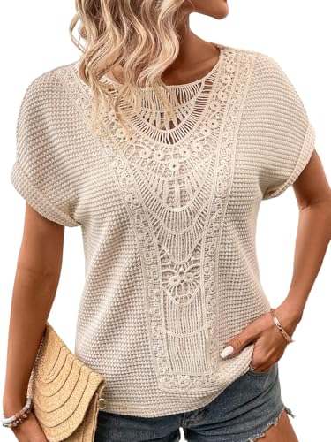 GORGLITTER Damen T-Shirt Kurzarm Tshirt Waffel Oberteile Sommer Drop Shoulder Kurzarmshirt Lässig Sommershirt Blusenshirt mit Spitze Aprikosenfarben XL GORGLITTER Damen T-Shirt Kurzarm Tshirt Waffel Oberteile Sommer Drop Shoulder Kurzarmshirt Lässig Sommershirt Blusenshirt mit Spitze Aprikosenfarben XL von GORGLITTER