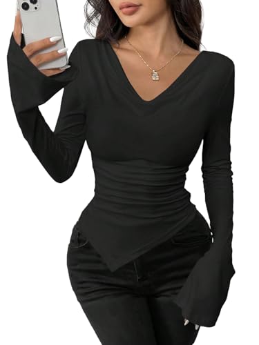 GORGLITTER Damen T-Shirt Langarm Oberteile Casual Tshirt Asymmetrisches Blusenshirt Slim Herbstshirt Freizeitshirt Lanngarmshirts Schwarz XS von GORGLITTER