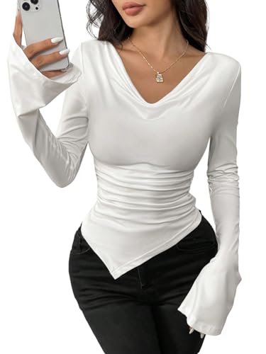 GORGLITTER Damen T-Shirt Langarm Oberteile Casual Tshirt Asymmetrisches Blusenshirt Slim Herbstshirt Freizeitshirt Lanngarmshirts Weiß S von GORGLITTER
