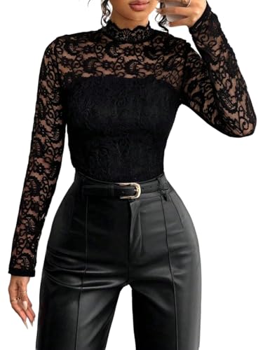 GORGLITTER Damen T-Shirt Langarm Oberteile Spitzentop Stehkragen Herbstshirt Durchsichtiges Spitzenshirt Elegant Langarmshirt Schmal Tshirt Schwarz M von GORGLITTER