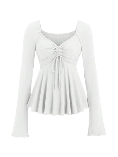 GORGLITTER Damen T-Shirt Langarm Shirts mit Tunnelzug Rüschensaum T Shirt Elegant Langarmshirt Herzausschnitt Oberteile Herbstshirt Damenshirt Weiß S von GORGLITTER