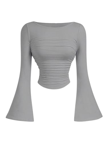 GORGLITTER Damen T-Shirt Langarm Tshirt mit Glockenärmel Gerafftes Shirt Bauchfreie Oberteile Langarm Herbstshirt Ausgestellter Ärmel Crop Tops Grau M von GORGLITTER