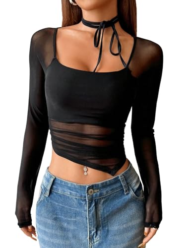 GORGLITTER Damen T-Shirt Mesh Langarm Sommershirt Asymmetrisch Oberteile Eckiger Ausschnitt Tshirt Bauchfreie Tops Sommer Crop Shirt Casualshirt Schwarz XS von GORGLITTER