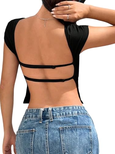 GORGLITTER Damen T-Shirt Rückenfreie Oberteile Kurzarm Tshirt Crop Sommertop U Ausschnitt Freizeitshirt Eng T Shirt Partytop Schwarz XS GORGLITTER Damen T-Shirt Rückenfreie Oberteile Kurzarm Tshirt Crop Sommertop U Ausschnitt Freizeitshirt Eng T Shirt Partytop Schwarz XS von GORGLITTER