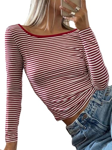 GORGLITTER Damen T-Shirt Rückenfreies Langarmshirt Gestreiftes Oberteil Elegant Shirts Figurbetontes Tshirt Herbst Teil Freizeittshirt Rot L von GORGLITTER