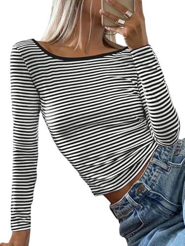 GORGLITTER Damen T-Shirt Rückenfreies Langarmshirt Gestreiftes Oberteil Elegant Shirts Figurbetontes Tshirt Herbst Teil Freizeittshirt Schwarz XS von GORGLITTER