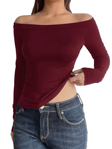 GORGLITTER Damen T-Shirt Schulterfreies Tshirt Langarm Oberteile Figurbetontes Shirt Leicht Herbstshirt Langarmshirt Herbst Elegant Tops Bordeaux L von GORGLITTER