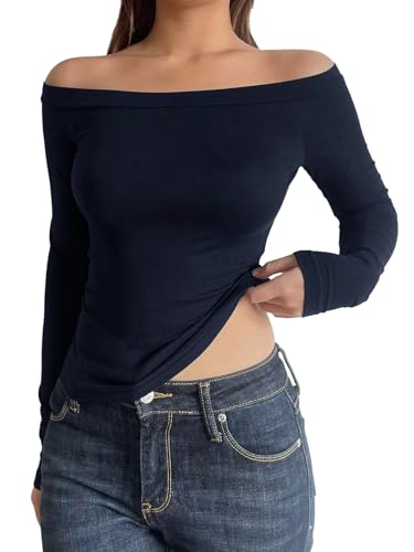 GORGLITTER Damen T-Shirt Schulterfreies Tshirt Langarm Oberteile Figurbetontes Shirt Leicht Herbstshirt Langarmshirt Herbst Elegant Tops Dunkelblau XS von GORGLITTER