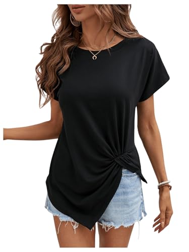 GORGLITTER Damen T-Shirt Sommer Einfarbig Tops Rundhalsausschnitt Tshirt Knotendetail Kurzarm Sommeroberteile Asymmetrisch Shirts Lässig Outfit Schwarz L von GORGLITTER