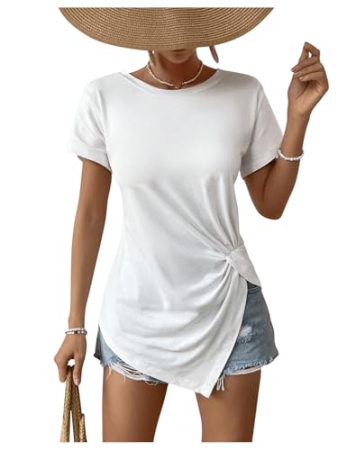 GORGLITTER Damen T-Shirt Sommer Einfarbig Tops Rundhalsausschnitt Tshirt Knotendetail Kurzarm Sommeroberteile Asymmetrisch Shirts Lässig Outfit Weiß L GORGLITTER Damen T-Shirt Sommer Einfarbig Tops Rundhalsausschnitt Tshirt Knotendetail Kurzarm Sommeroberteile Asymmetrisch Shirts Lässig Outfit Weiß L von GORGLITTER