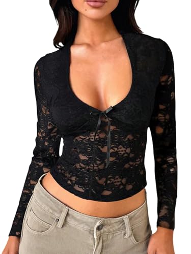 GORGLITTER Damen T-Shirt Sommer Langarmshirt V Ausschnitt Shirt mit Schleifen Langarm Blusenshirt mit Spitze Elegant Bauchfreies Spitzenshirt Schwarz S von GORGLITTER