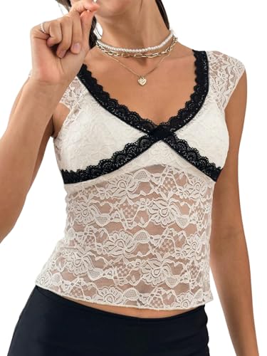 GORGLITTER Damen T-Shirt Sommer Mit V-Ausschnitt Y2K Spitzen Top Elegant Bauchfrei Oberteile Ärmellose Crop Top Basic Spitzentop Durchsichtiges Shirts Weiß L von GORGLITTER
