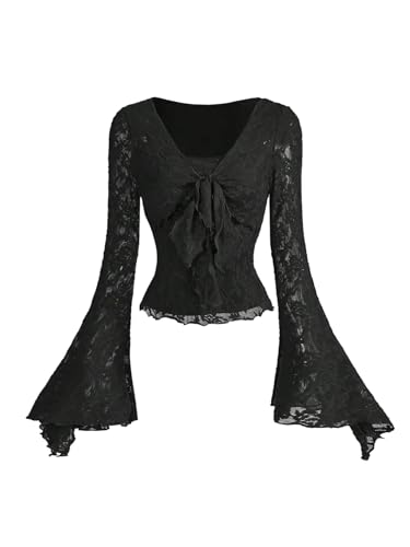 GORGLITTER Damen T-Shirt V Ausschnitt Tshirt Langarm Oberteil Bauchfreies Top mit Knoten Vorn Freizeitshirt T Shirt mit Spitzen Schwarz L von GORGLITTER