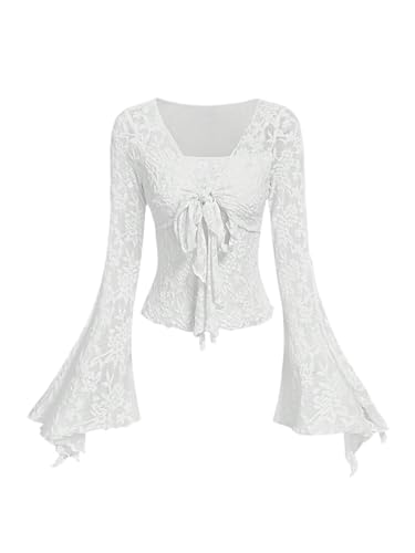 GORGLITTER Damen T-Shirt V Ausschnitt Tshirt Langarm Oberteil Bauchfreies Top mit Knoten Vorn Freizeitshirt T Shirt mit Spitzen Weiß XS von GORGLITTER