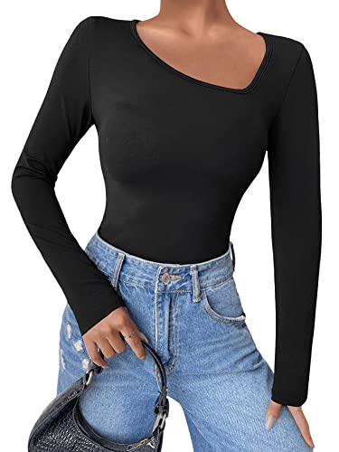 GORGLITTER Damen T-Shirt mit asymmetrischem Kragen Langarm Oberteile Casual Tops Langarmshirt Schwarz L von GORGLITTER