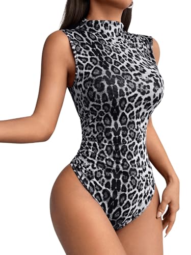 GORGLITTER Damen Tank Body Ärmellos Bodysuit mit Leopardmuster Party Bodys Over Clubwear Bodies mit Stehkragen Grau S von GORGLITTER