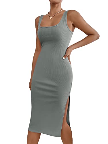 GORGLITTER Damen Tank Kleid Figurbetont Midikleid Lässig Trägerkleid Bleistiftkleid Freizeitkleid mit Schlitz Hellgrau L von GORGLITTER