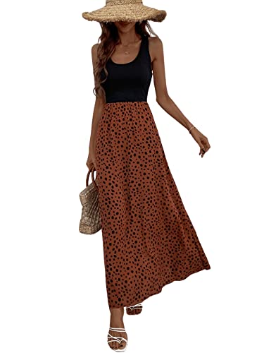 GORGLITTER Damen Tank Maxikleid Ärmellos Lässig Trägerkleid A Linie Sommerkleid Polka Dots Boho Kleider Damen Sommer Lang Schwarz und Braun XS von GORGLITTER