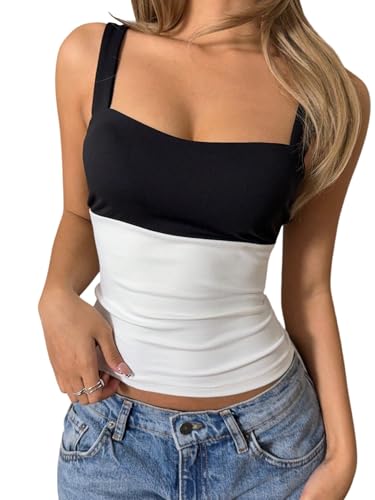 GORGLITTER Damen Tank Top Ärmellos Oberteil Basic Sommertop Trägertop Urlaub Tanktop Freizeittop Untertop Strand Outfit Schwarz und Weiß XS von GORGLITTER