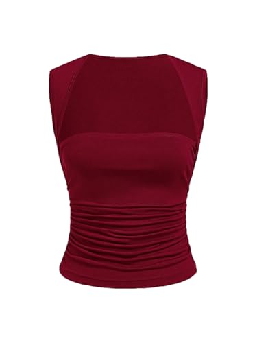 GORGLITTER Damen Tank Top Ärmelloses Sommertop Asymmetrisches Trägertop Gerafft Sommer Oberteile Figurbetontes Tanktop Freizeittop Partytop Bordeaux L von GORGLITTER