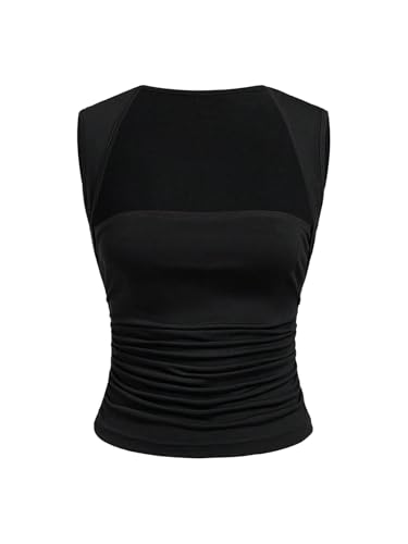 GORGLITTER Damen Tank Top Ärmelloses Sommertop Asymmetrisches Trägertop Gerafft Sommer Oberteile Figurbetontes Tanktop Freizeittop Partytop Schwarz L von GORGLITTER