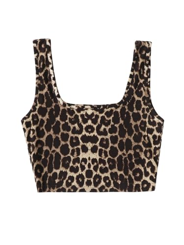 GORGLITTER Damen Tank Top Bauchfreies Oberteil Leopardenmuster Sommertop Ärmelloses Tanktop Eckiger Ausschnitt Crop-Top Kurzes Trägertop Freizeittop Leo XL von GORGLITTER