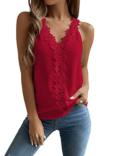 GORGLITTER Damen Tank Top Casual Trägershirt Sommer Tops V Ausschnitt Oberteile mit Luftspitze Rot M von GORGLITTER