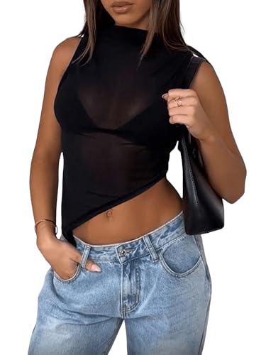 GORGLITTER Damen Tank Top Durchsichtig Mesh Oberteile Y2K Sommer Netztop Transparent Crop Tops Asymmetrischer Sommertop Festival Party Outfit Tops Schwarz L von GORGLITTER