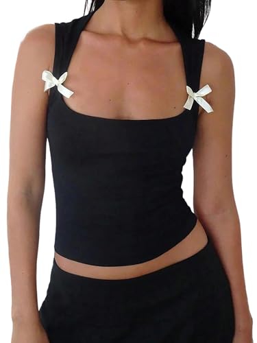 GORGLITTER Damen Tank Top Eckiger Ausschnitt Oberteile mit Schleifen Breite Träger Sommertop Ärmellose Tops Y2K Trägertop Croptop Schwarz M von GORGLITTER