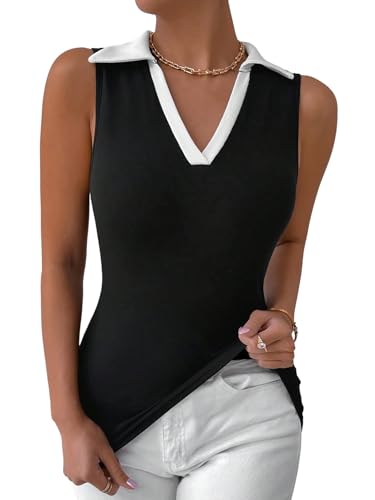GORGLITTER Damen Tank Top Elegant Ärmellos Oberteile Leicht Vest Tops Mit V-Ausschnitt Freizeittop Strandtops Slim Fit Business Outfit Schwarz L von GORGLITTER