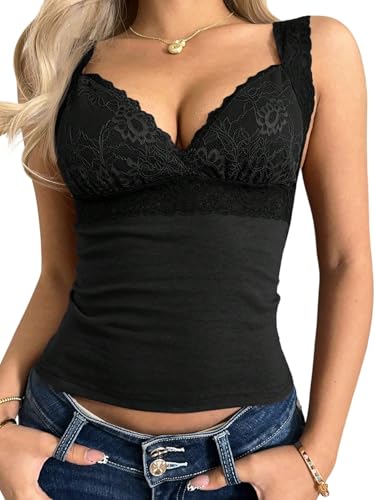 GORGLITTER Damen Tank Top Elegant Spitzen Oberteile mit V Ausschnitt Trägershirt Ärmellose Sommertops Spitzentop Breite Träger Camisole Schwarz S von GORGLITTER