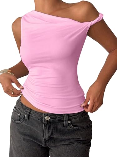 GORGLITTER Damen Tank Top Elegant Y2K Ärmellos Oberteil Schulterfreie Sommer Tops Slim Fit Basic Crop Top One Shoulder Damentop Rosa M von GORGLITTER