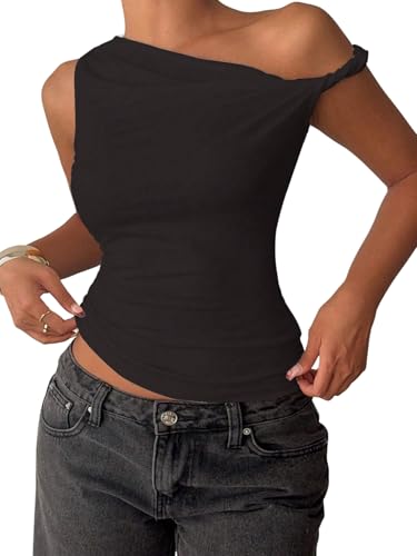 GORGLITTER Damen Tank Top Elegant Y2K Ärmellos Oberteil Schulterfreie Sommer Tops Slim Fit Basic Crop Top One Shoulder Damentop Schwarz XL von GORGLITTER