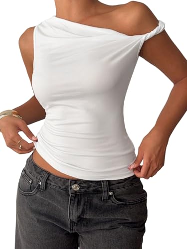 GORGLITTER Damen Tank Top Elegant Y2K Ärmellos Oberteil Schulterfreie Sommer Tops Slim Fit Basic Crop Top One Shoulder Damentop Weiß L von GORGLITTER