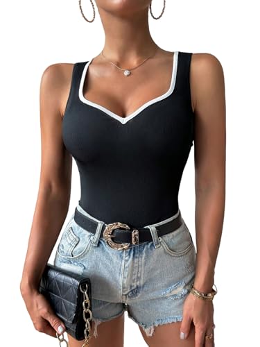 GORGLITTER Damen Tank Top Leoparden Sommertop Ärmellose Oberteile Sommer Tanktop Herzausschnitt Trägertop Freizeittop Unterhemden Schwarz und Weiß L von GORGLITTER