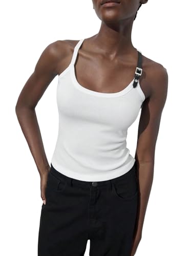 GORGLITTER Damen Tank Top U-Ausschnitt Camisole Spaghettiträger Tops Crop Top Sommer Oberteil Trägertop Sommertop Weiß L von GORGLITTER