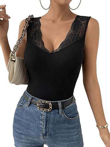 GORGLITTER Damen Tank Top mit Spitzen V Ausschnitt Stretch Oberteil Lässig Tanktops Stretch Trägershirts Schwarz L von GORGLITTER