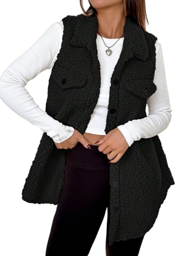 GORGLITTER Damen Teddy Fleece Weste Elegant Einfarbig Fleeceweste Lang Ärmellos Jacke mit Knöpfen vorn Übergangsjacke Herbst Winter Outwear Schwarz M von GORGLITTER