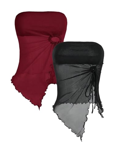 GORGLITTER Damen Top 2 Pack Trägerlose Oberteile Asymmetrisch Bandeau-Top Rückenfreis Sommertop Ärmellose Blusetop Schulterfreies Tubetop Partytop Schwarz Multi XS von GORGLITTER