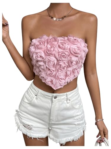GORGLITTER Damen Top 3D-Floral Tube Tops Sommer Süße Bandeau Top Bauchfreies Sommertop Trägerloses Stricktop Rückenfreies Oberteil Ärmellose Partytop Freizeittop Rosa L von GORGLITTER