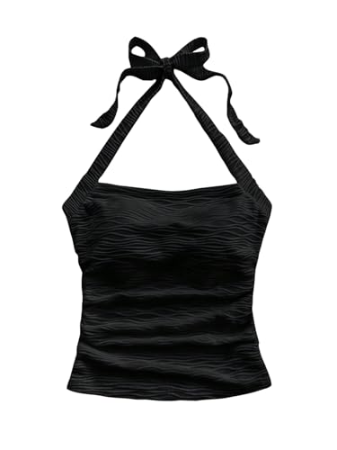 GORGLITTER Damen Neckholder Top Y2K Ärmellose Oberteile Sommertop Bauchfrei Trägertop Party Outfit Freizeittop Casualtop Schwarz XS von GORGLITTER